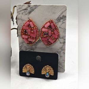 "5/$25" 2 Pairs Costume Earrings Beaded Peach/Gold  Blue Rhinestone Peacock Post